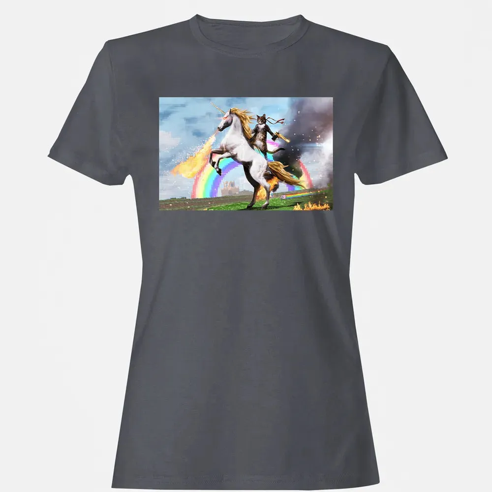 Cat Riding Fire Breathing Unicorn Meme Women's T-shirt - 5