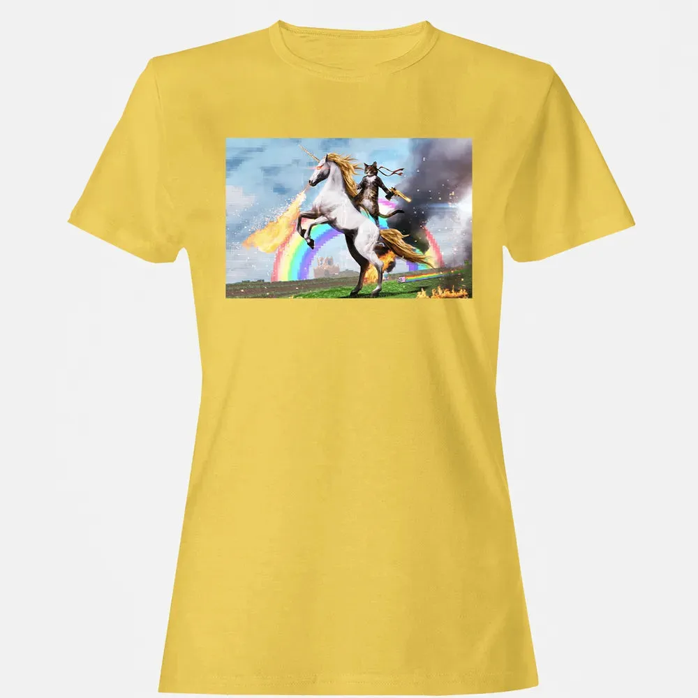 Cat Riding Fire Breathing Unicorn Meme Women's T-shirt - 4