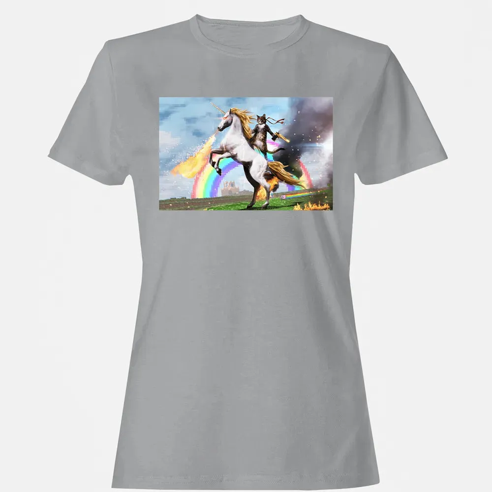 Cat Riding Fire Breathing Unicorn Meme Women's T-shirt - 15