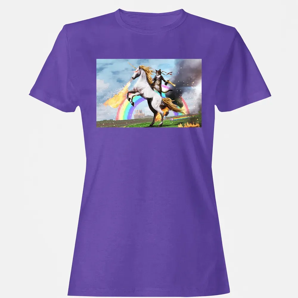 Cat Riding Fire Breathing Unicorn Meme Women's T-shirt - 12