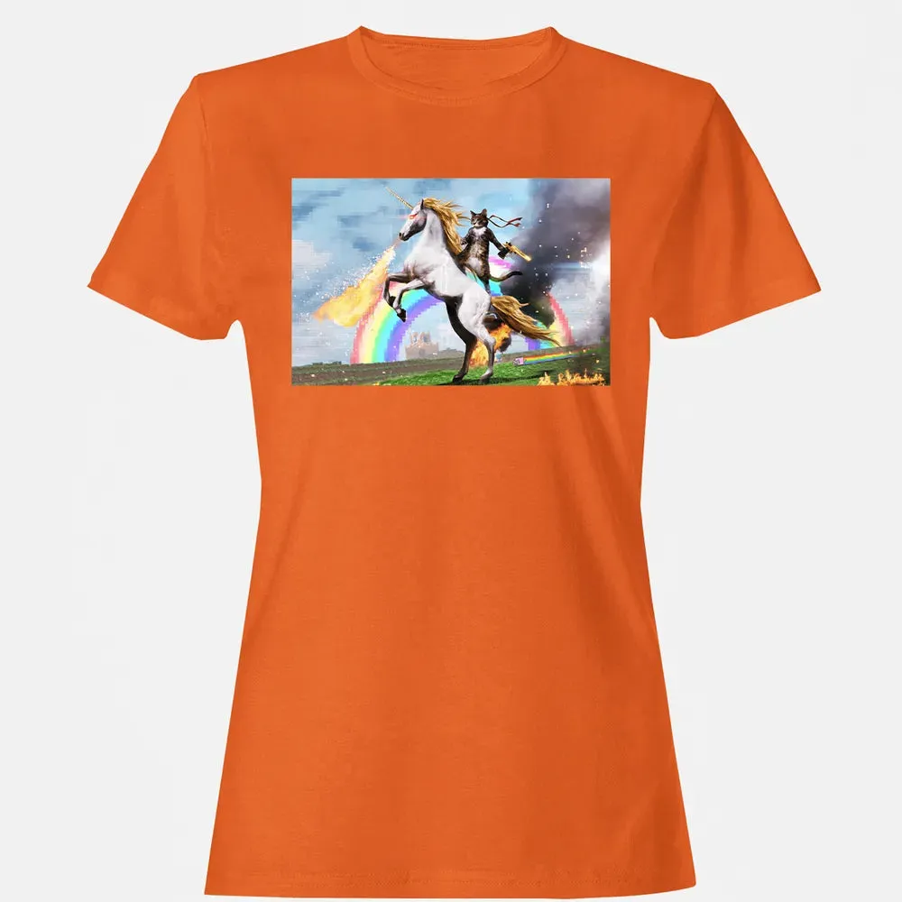 Cat Riding Fire Breathing Unicorn Meme Women's T-shirt - 11