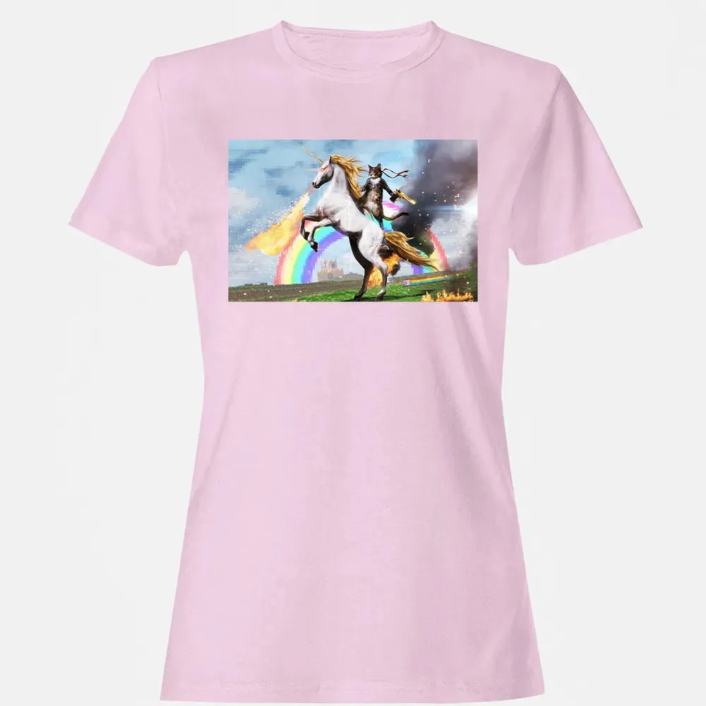 Cat Riding Fire Breathing Unicorn Meme Women's T-shirt - 9