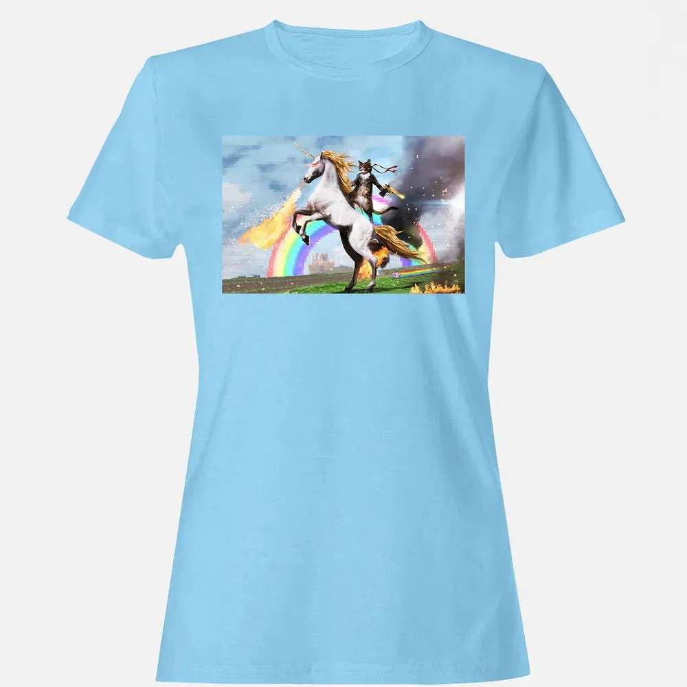 Cat Riding Fire Breathing Unicorn Meme Women's T-shirt - 8