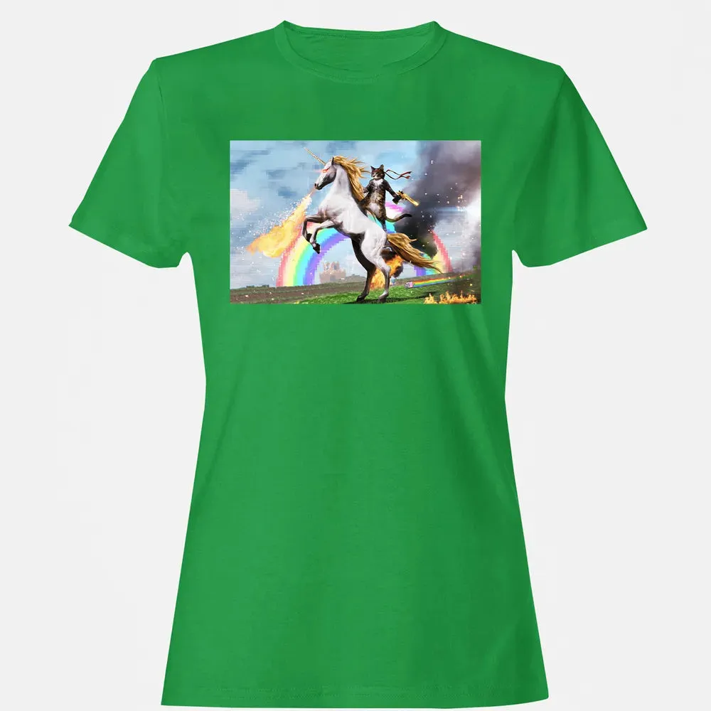 Cat Riding Fire Breathing Unicorn Meme Women's T-shirt - 7