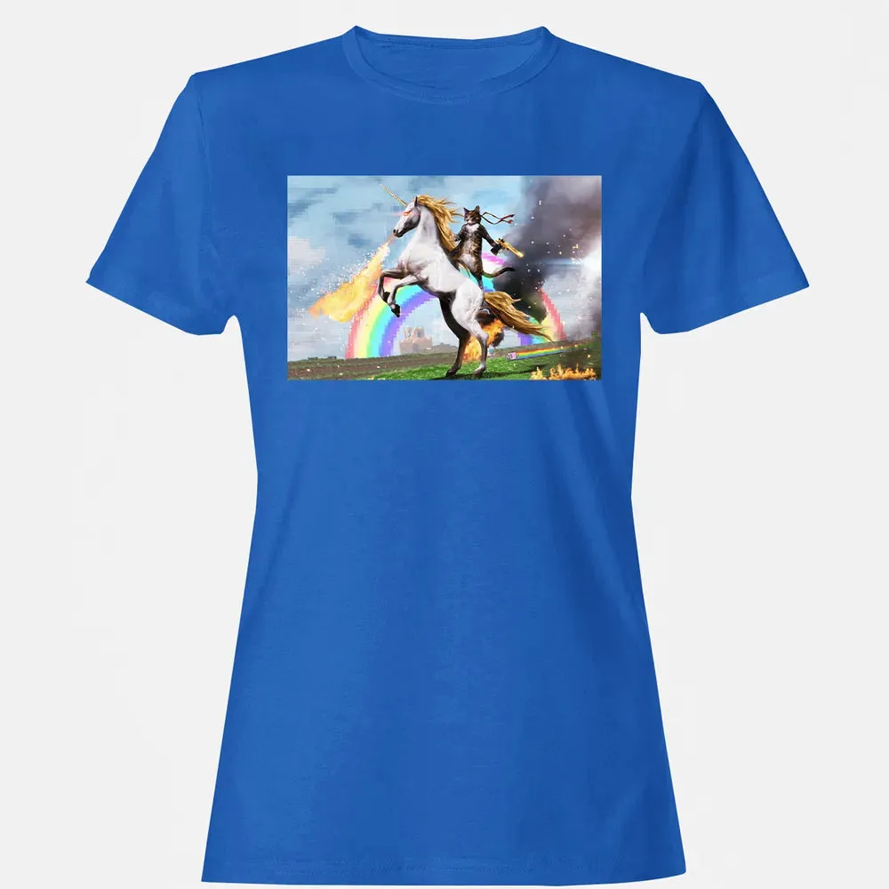 Cat Riding Fire Breathing Unicorn Meme Women's T-shirt - 14