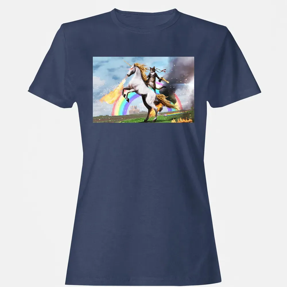 Cat Riding Fire Breathing Unicorn Meme Women's T-shirt - 10