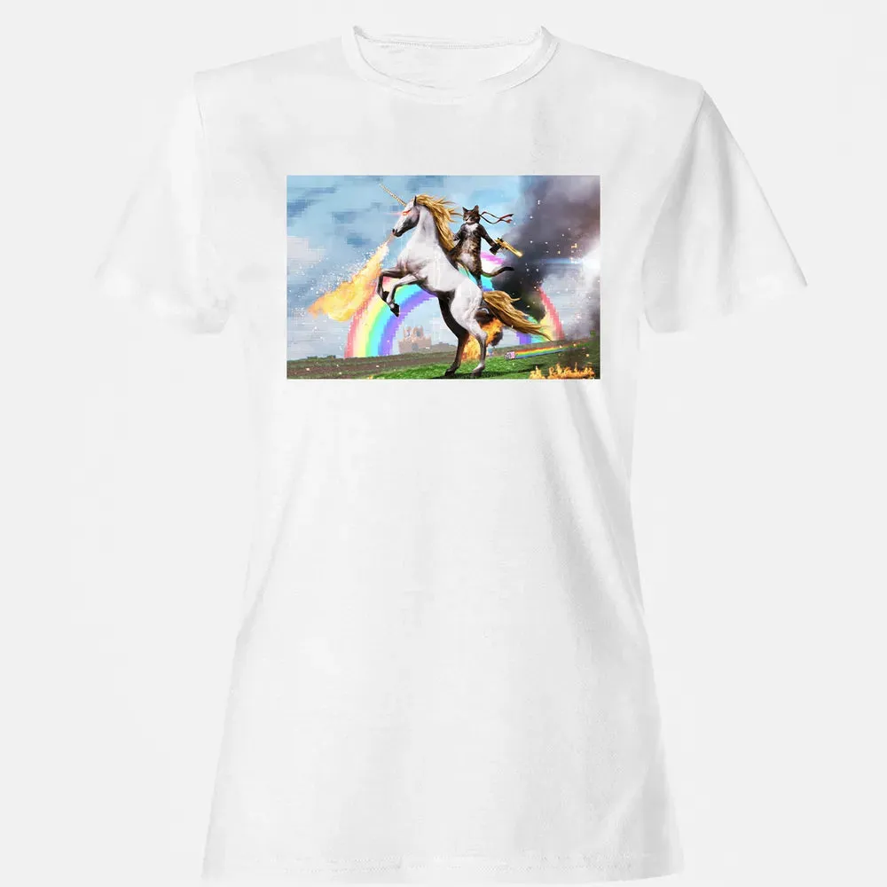 Cat Riding Fire Breathing Unicorn Meme Women's T-shirt - 16