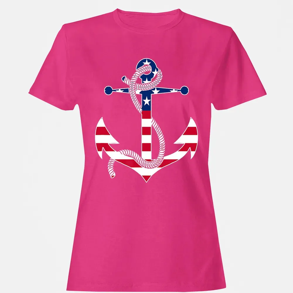 American Flag Patriotic Anchor   Memorial Day 4th Of July Women's T-shirt - 6