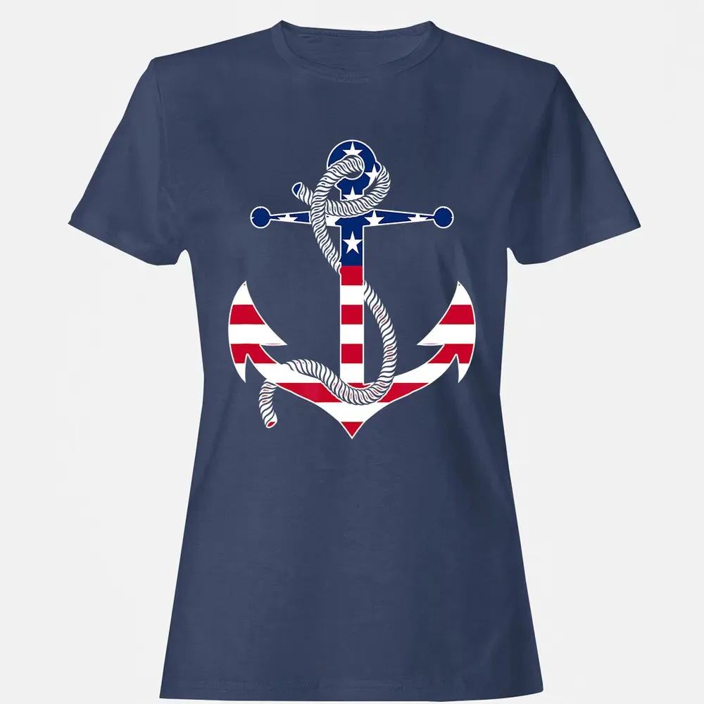 American Flag Patriotic Anchor   Memorial Day 4th Of July Women's T-shirt - 10