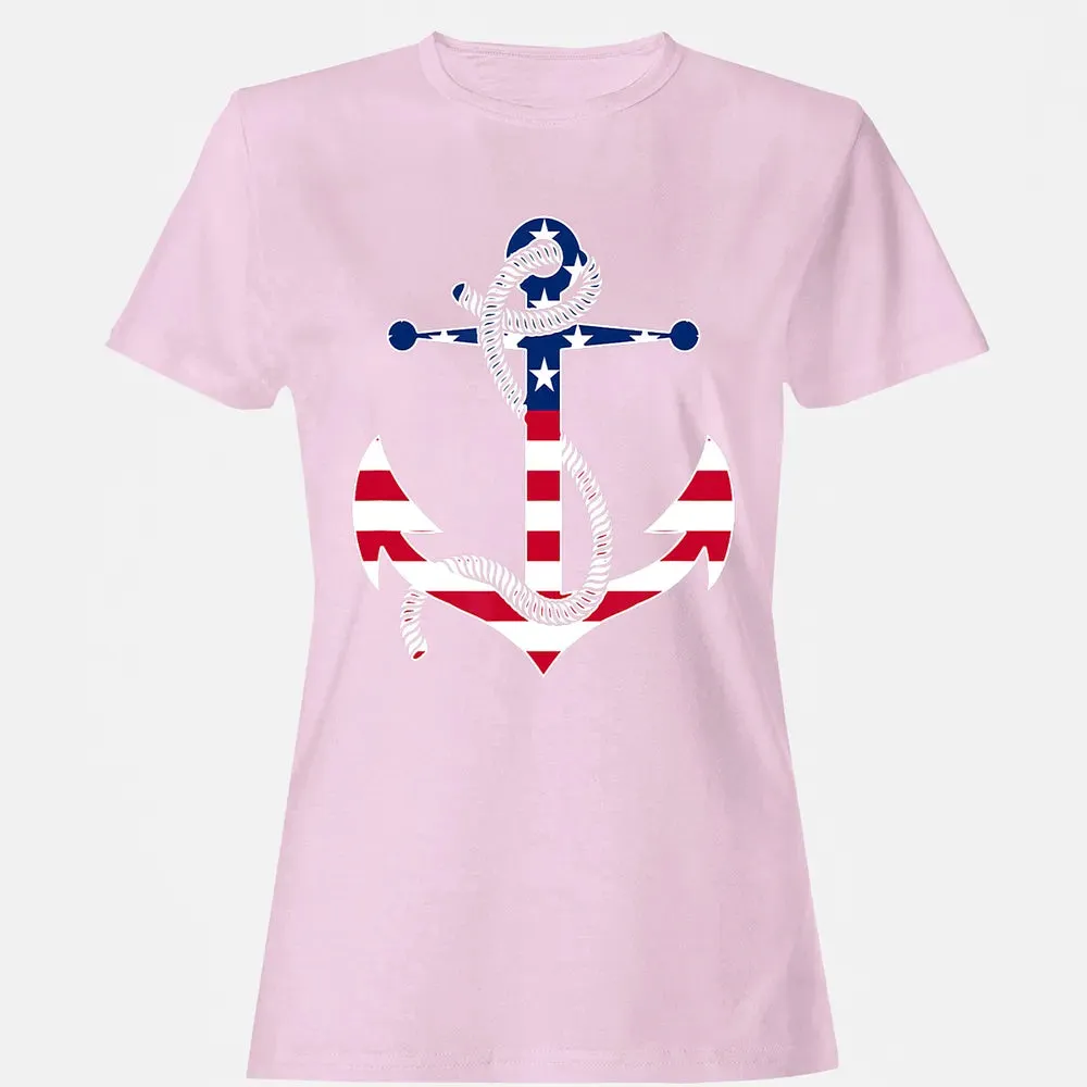 American Flag Patriotic Anchor   Memorial Day 4th Of July Women's T-shirt - 9