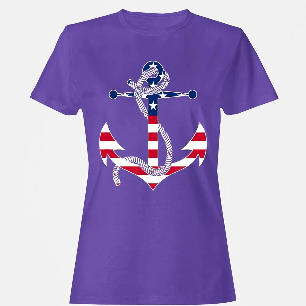 American Flag Patriotic Anchor   Memorial Day 4th Of July Women's T-shirt - 12