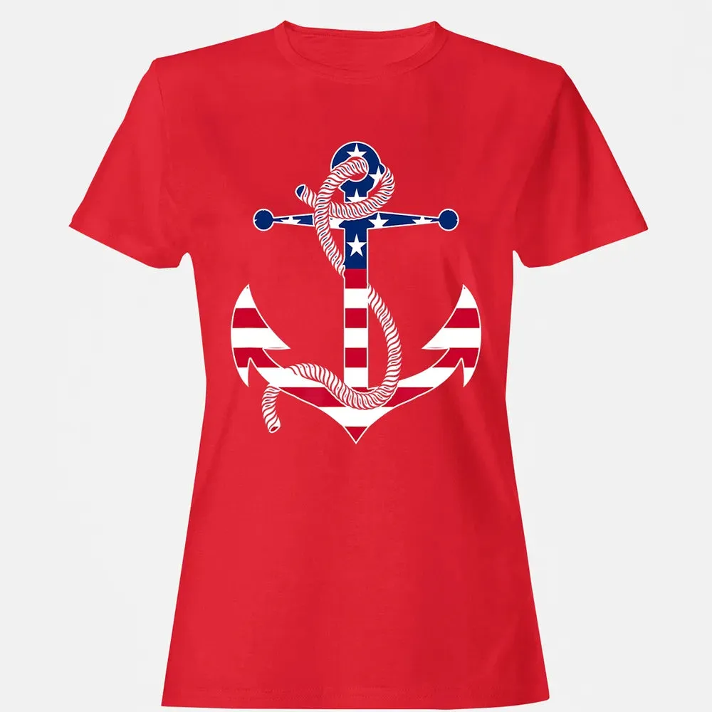 American Flag Patriotic Anchor   Memorial Day 4th Of July Women's T-shirt - 13