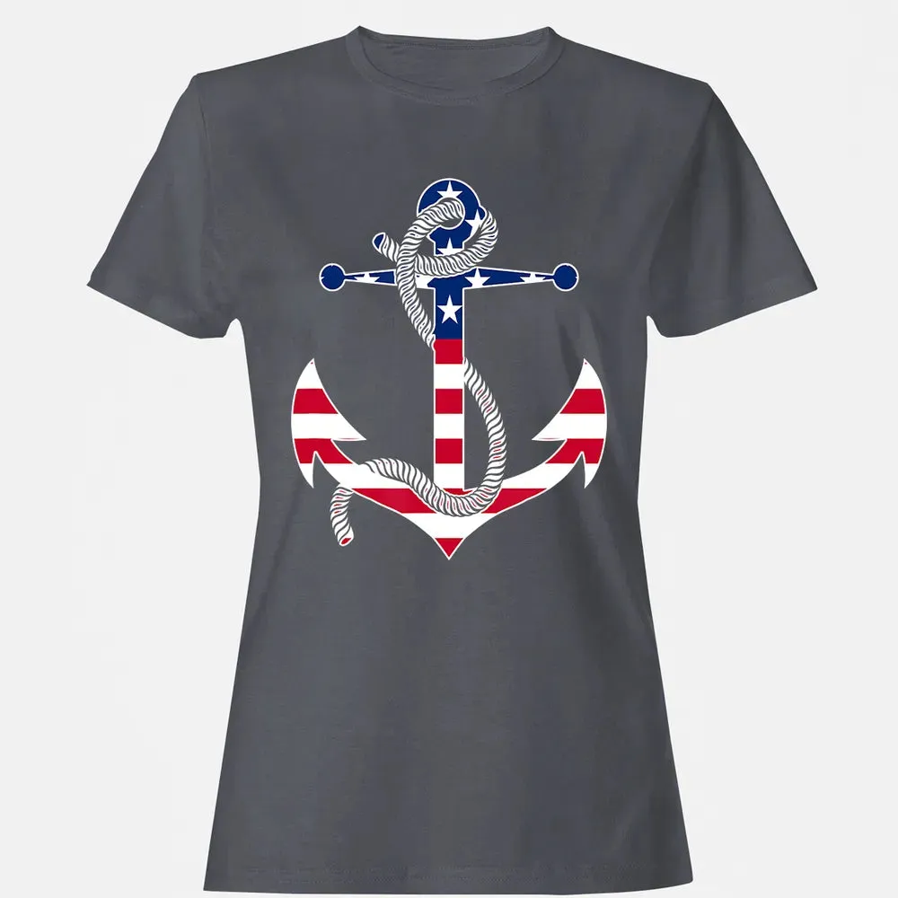 American Flag Patriotic Anchor   Memorial Day 4th Of July Women's T-shirt - 5
