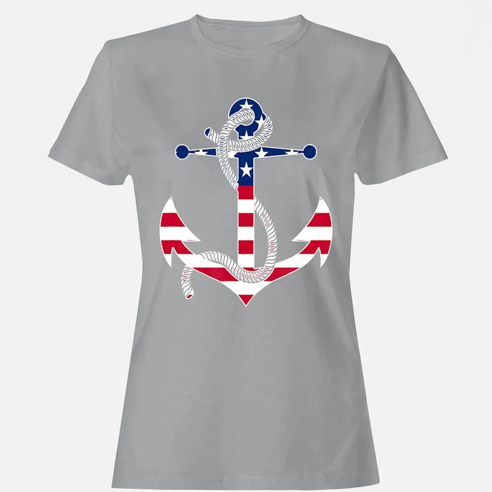 American Flag Patriotic Anchor   Memorial Day 4th Of July Women's T-shirt - 15