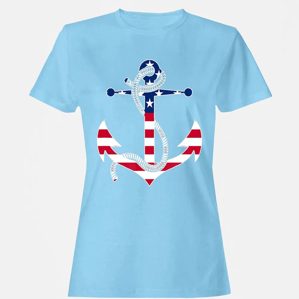 American Flag Patriotic Anchor   Memorial Day 4th Of July Women's T-shirt - 8