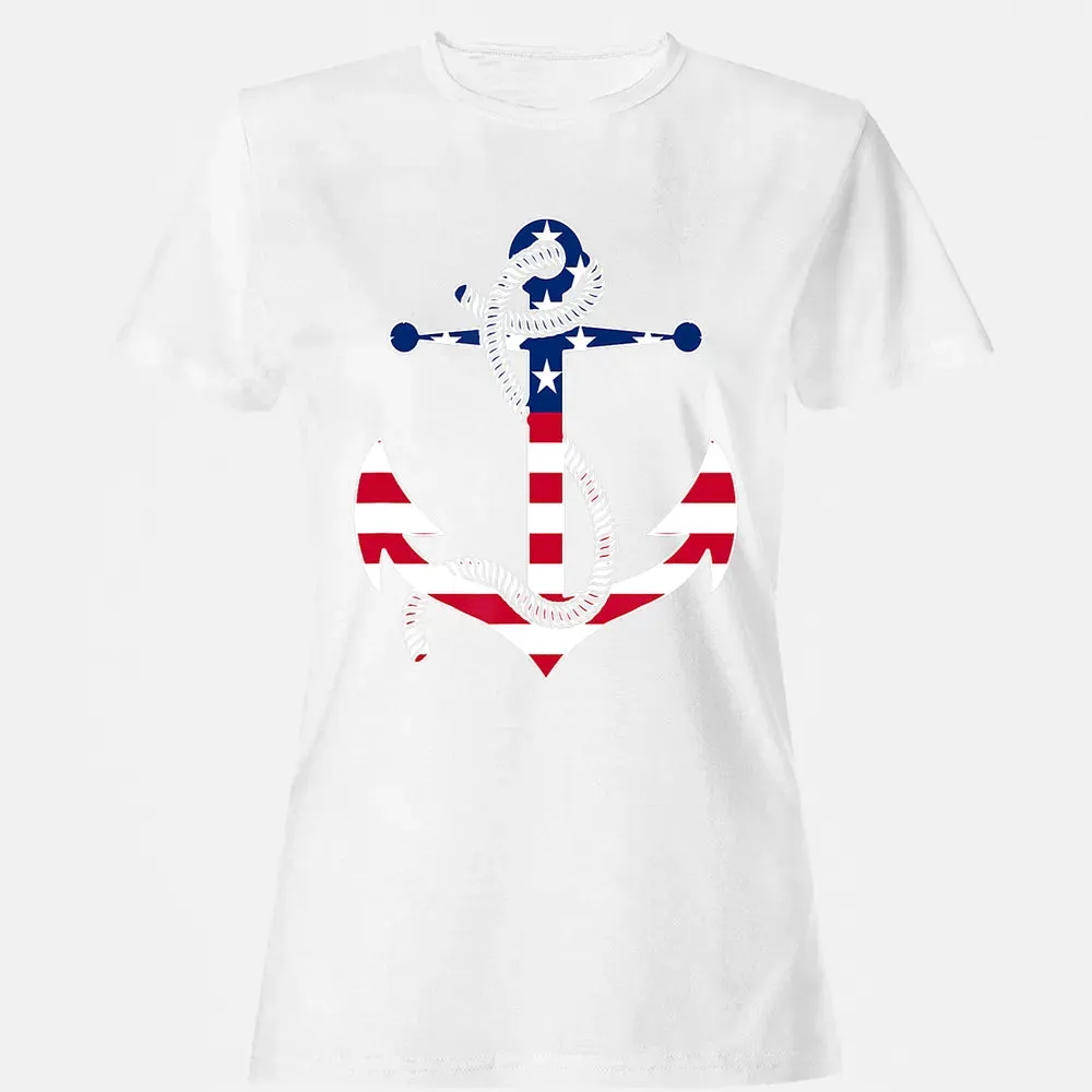 American Flag Patriotic Anchor   Memorial Day 4th Of July Women's T-shirt - 16