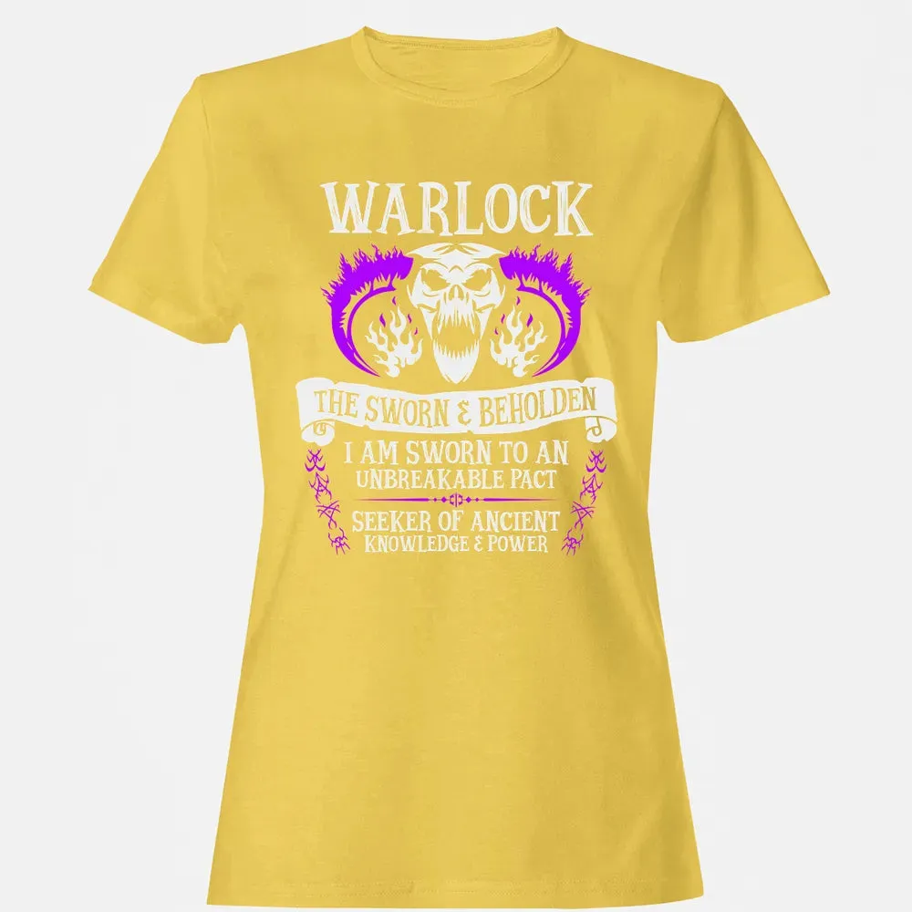 WARLOCK, THE SWORN AND BEHOLDEN   (White Text) Women's T-shirt - 4