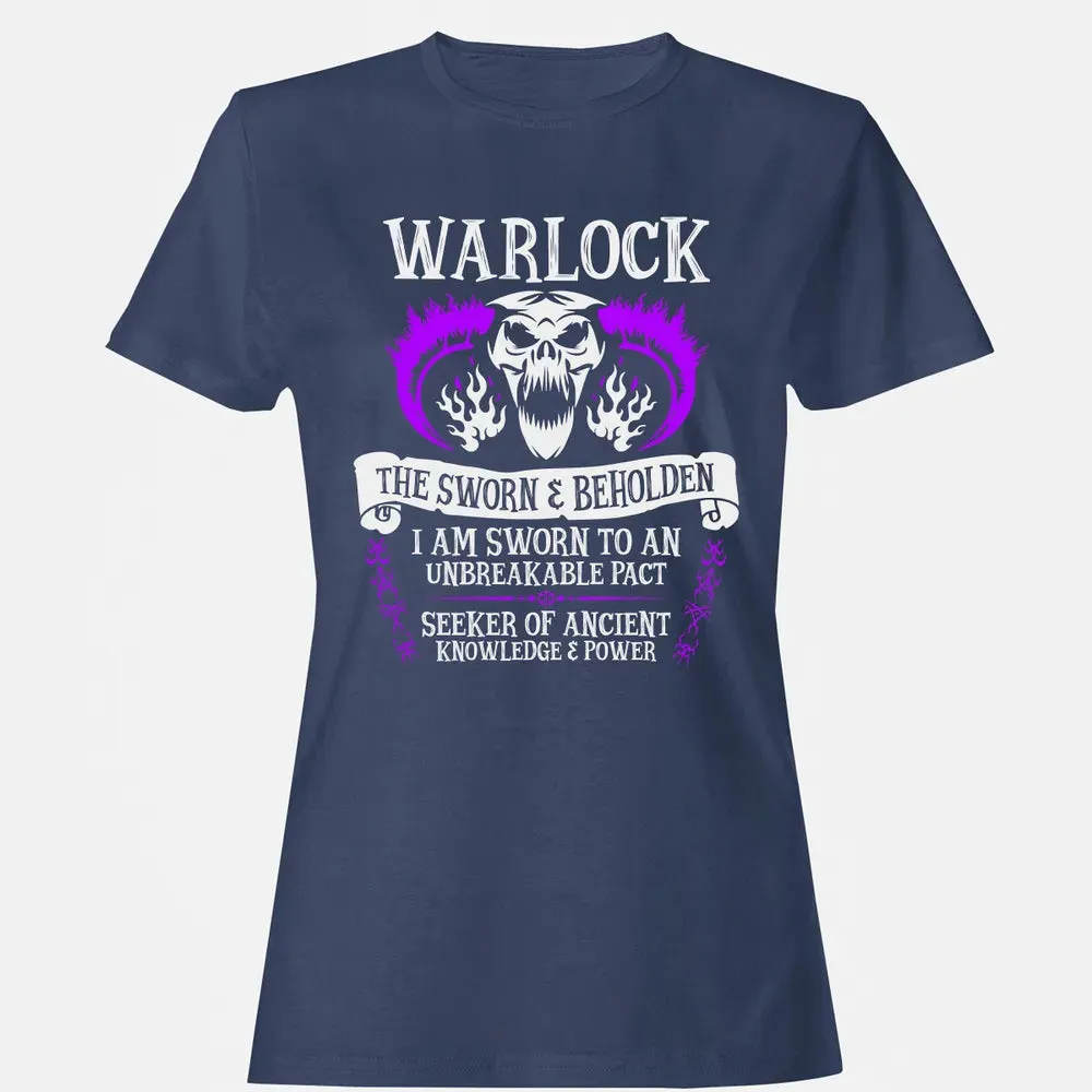 WARLOCK, THE SWORN AND BEHOLDEN   (White Text) Women's T-shirt - 10