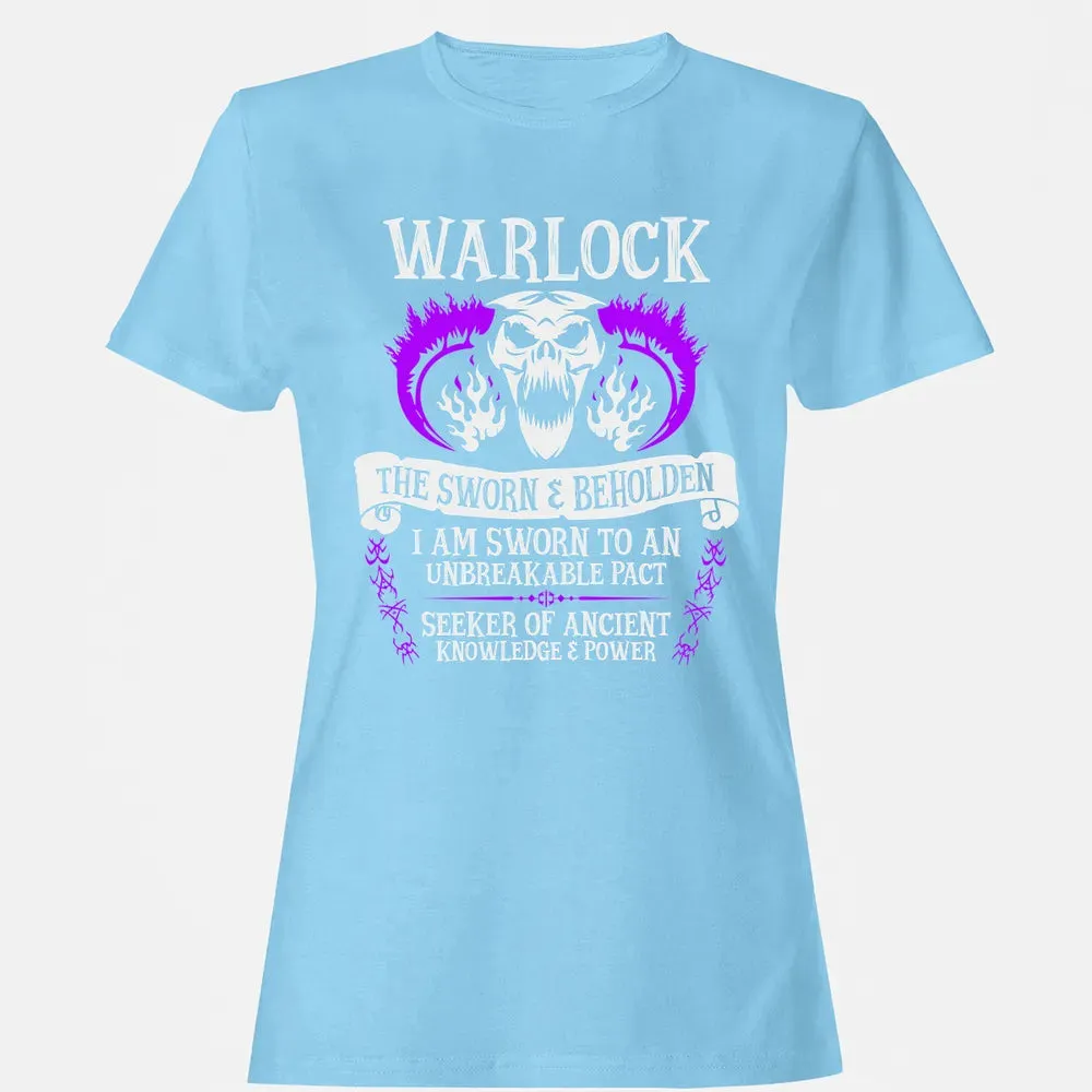 WARLOCK, THE SWORN AND BEHOLDEN   (White Text) Women's T-shirt - 8