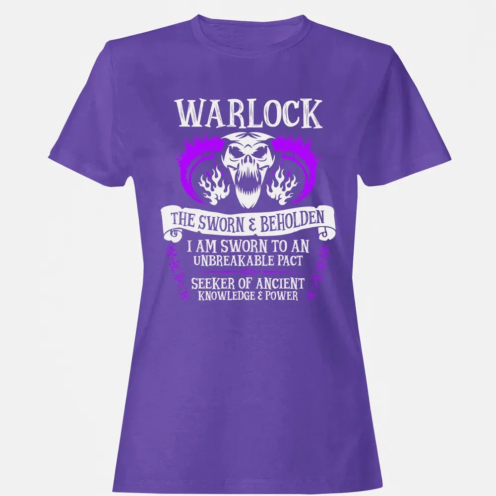 WARLOCK, THE SWORN AND BEHOLDEN   (White Text) Women's T-shirt - 12