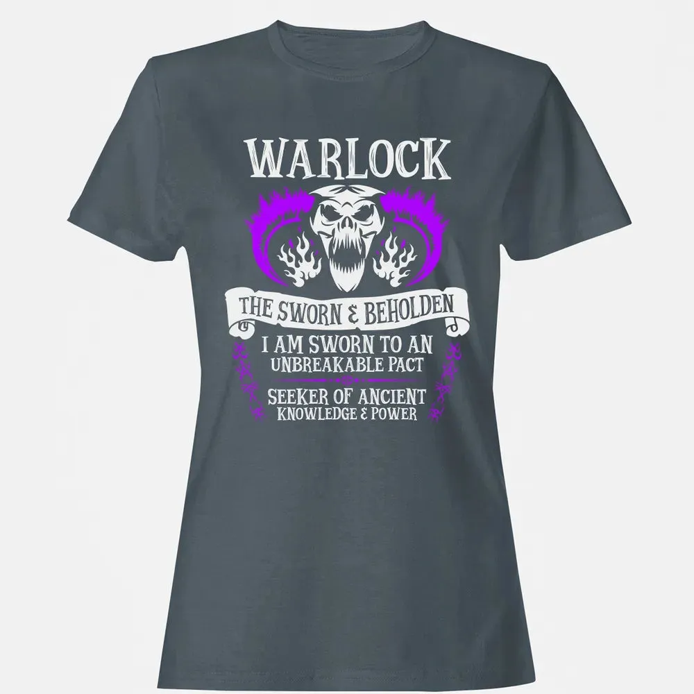 WARLOCK, THE SWORN AND BEHOLDEN   (White Text) Women's T-shirt - 3
