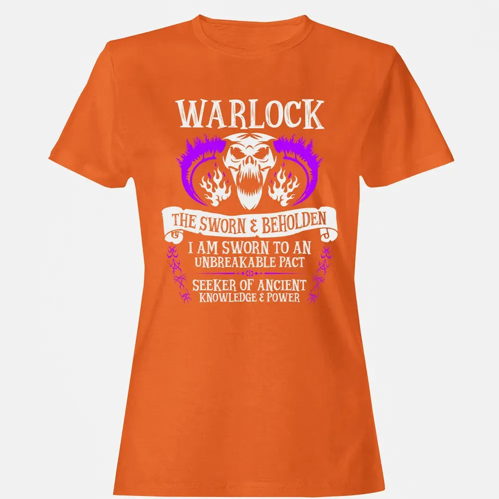 WARLOCK, THE SWORN AND BEHOLDEN   (White Text) Women's T-shirt - 11