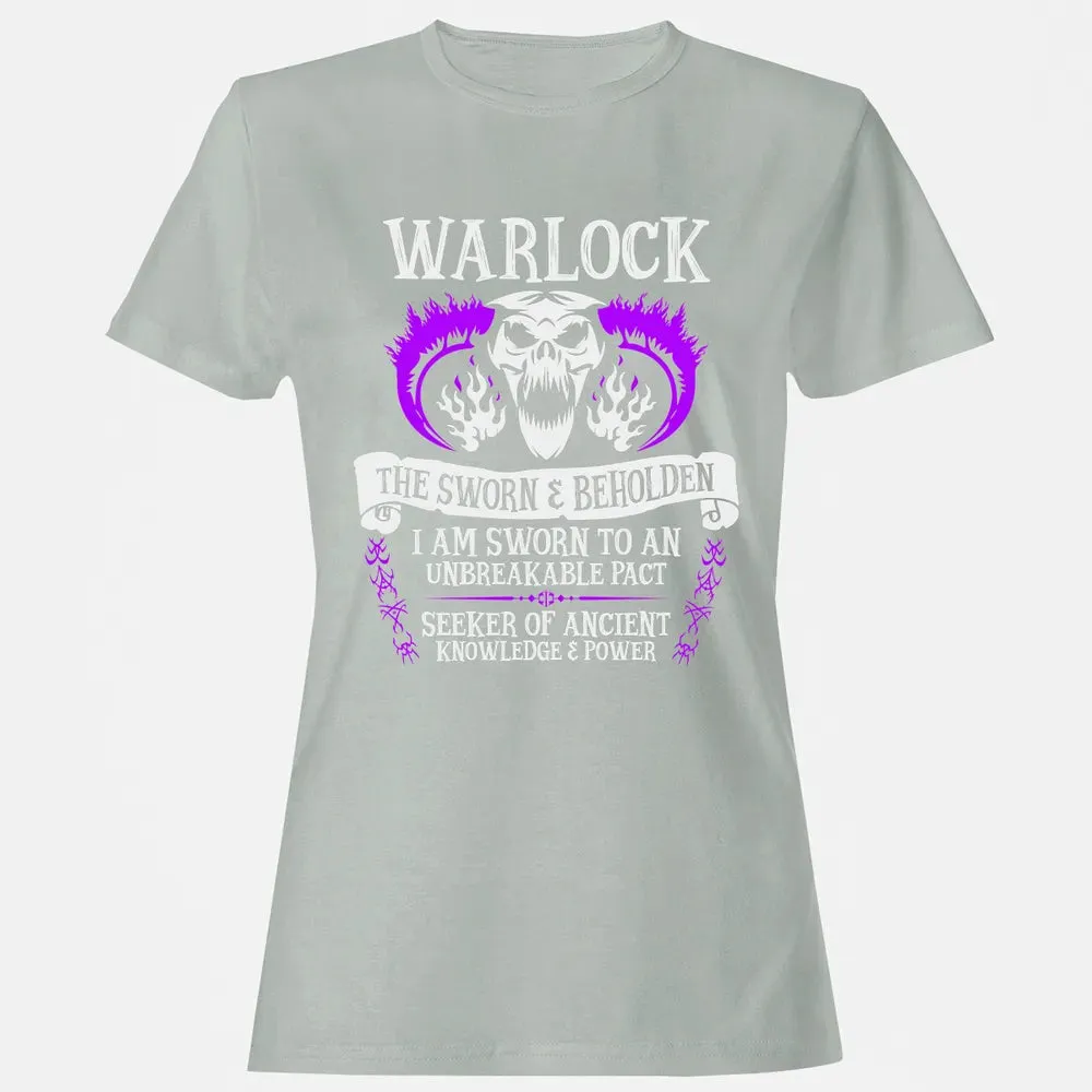 WARLOCK, THE SWORN AND BEHOLDEN   (White Text) Women's T-shirt - 2
