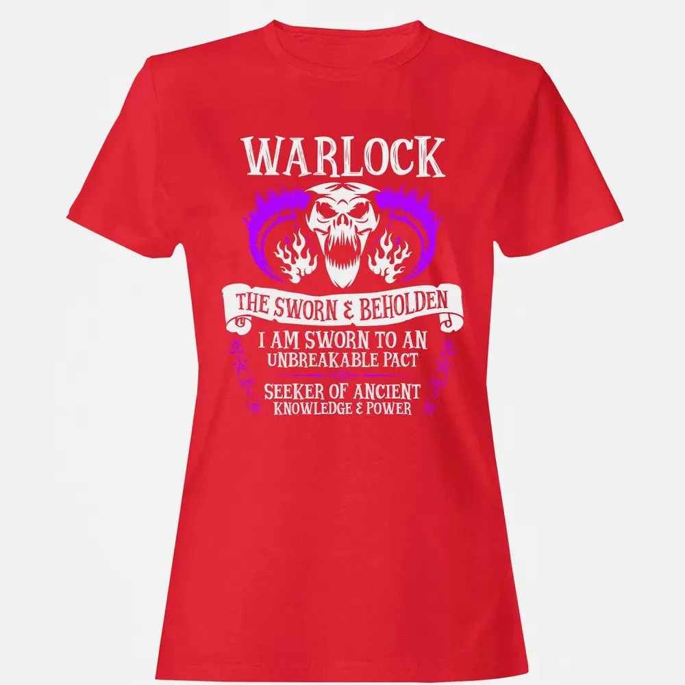 WARLOCK, THE SWORN AND BEHOLDEN   (White Text) Women's T-shirt - 13