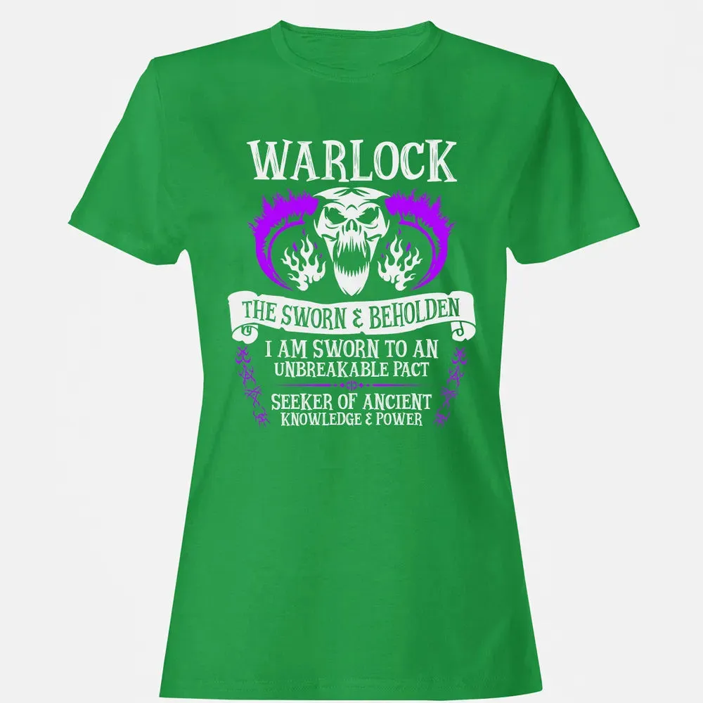 WARLOCK, THE SWORN AND BEHOLDEN   (White Text) Women's T-shirt - 7