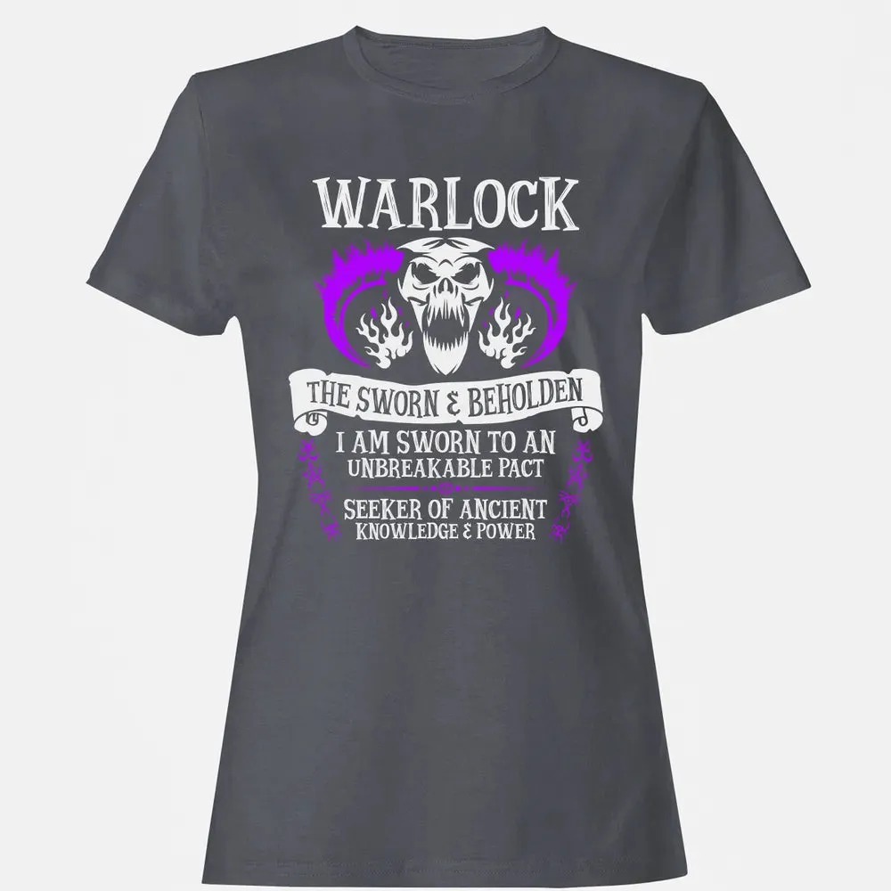 WARLOCK, THE SWORN AND BEHOLDEN   (White Text) Women's T-shirt - 5