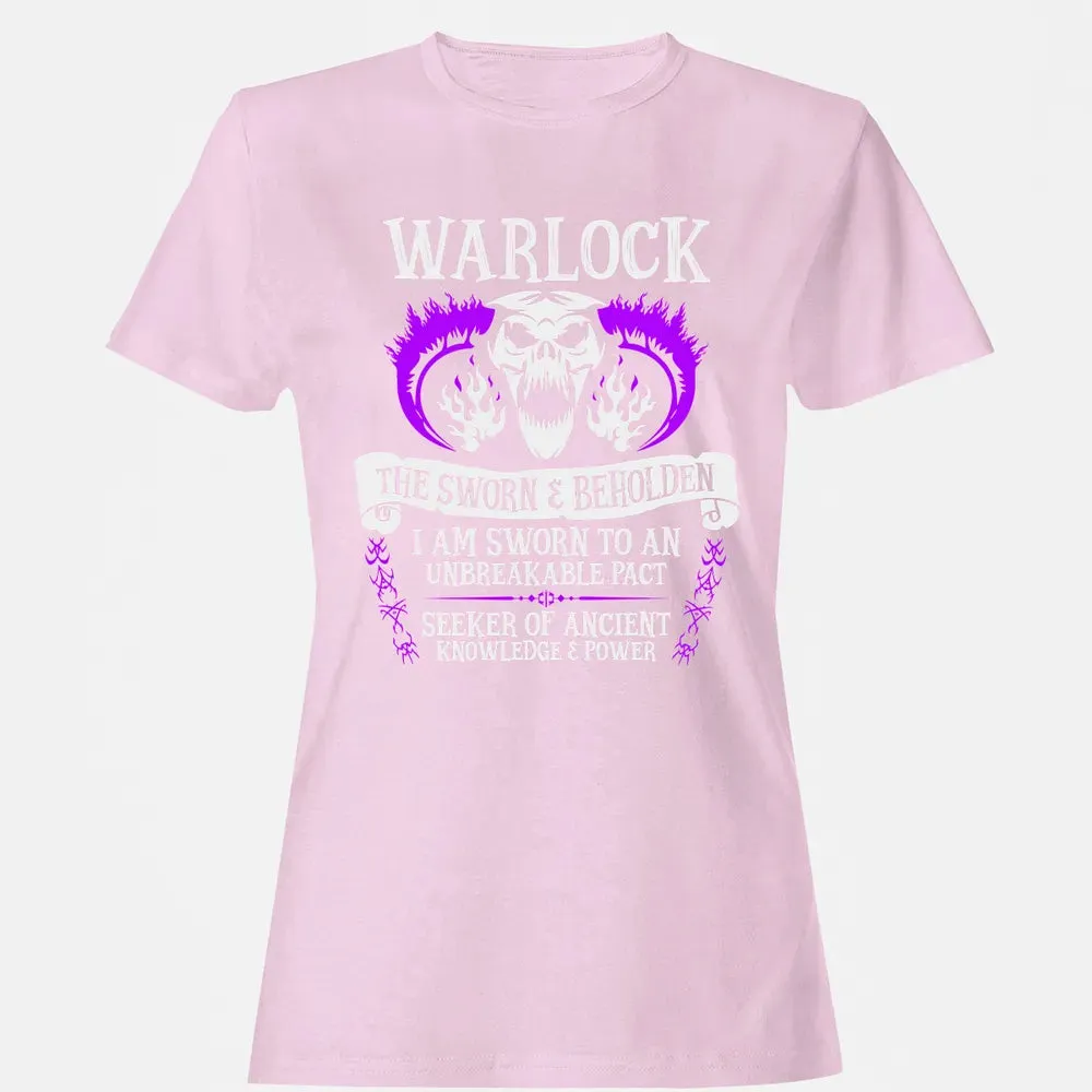WARLOCK, THE SWORN AND BEHOLDEN   (White Text) Women's T-shirt - 9