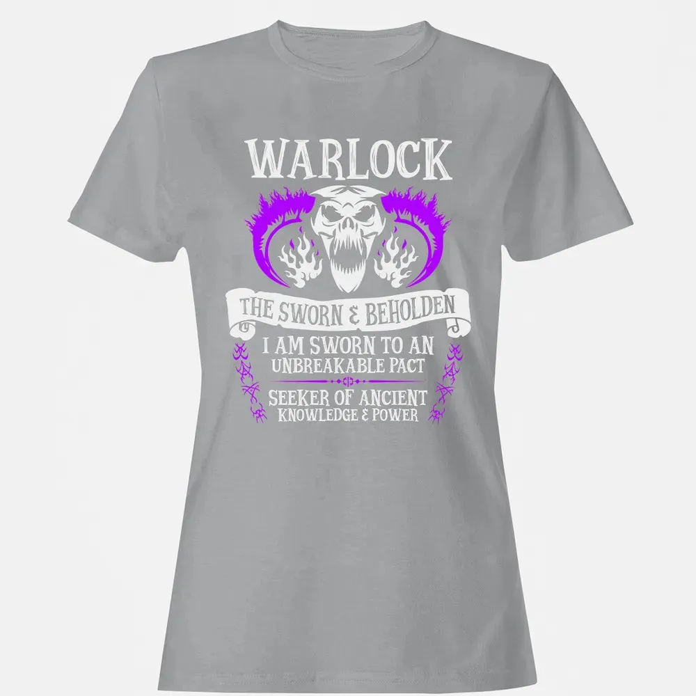 WARLOCK, THE SWORN AND BEHOLDEN   (White Text) Women's T-shirt - 15