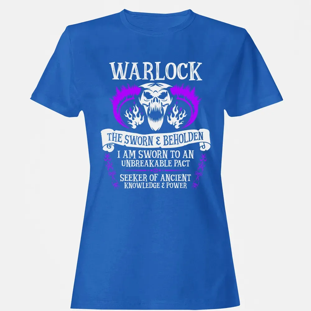 WARLOCK, THE SWORN AND BEHOLDEN   (White Text) Women's T-shirt - 14