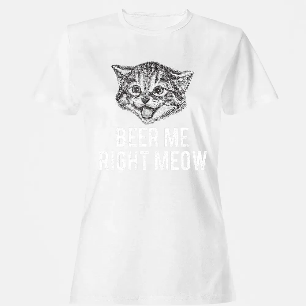 Beer Me Right Meow Cute Cat Drinking Pun Funny Gift Women's T-shirt - 16