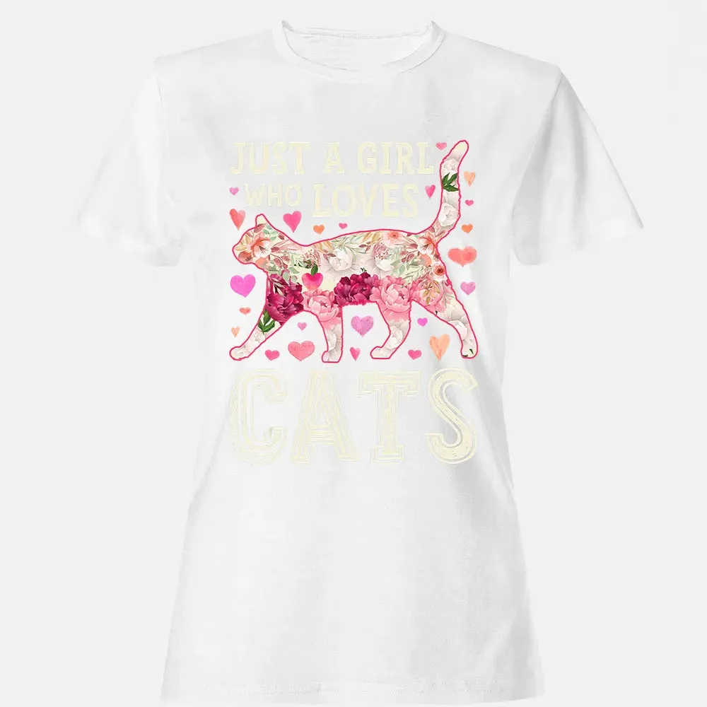 Just A Girl Who Loves Cats Funny Women Cat Flower Floral Women's T-shirt - 16