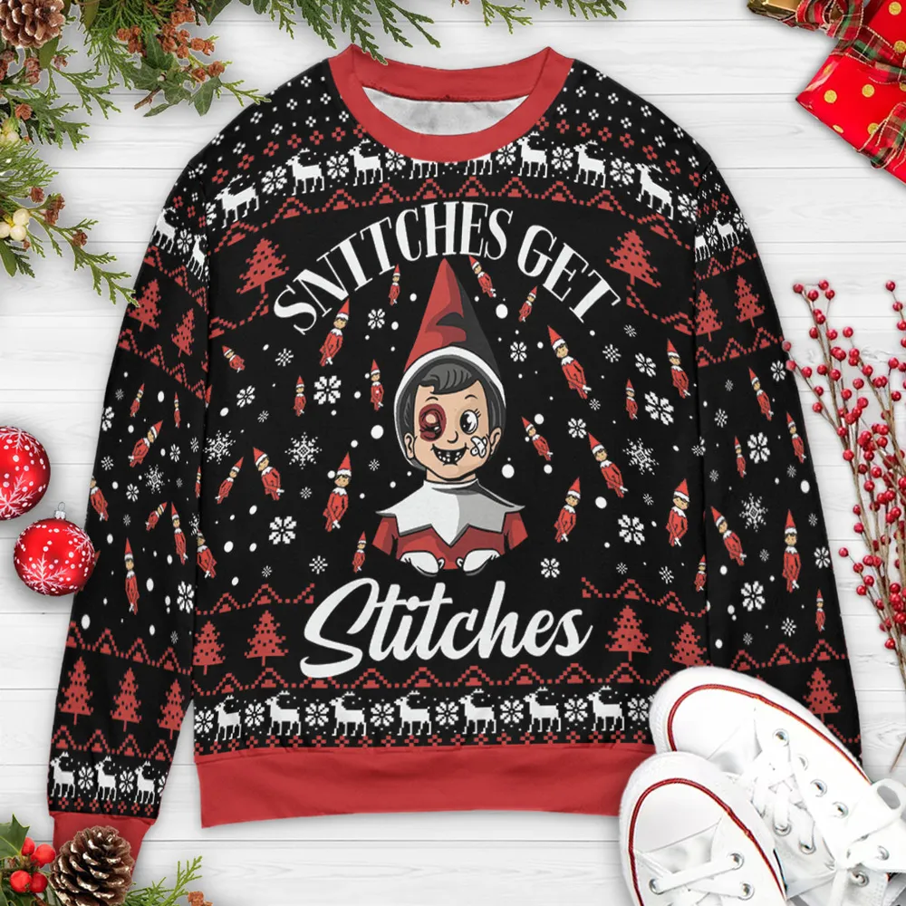 Snitches get Stitches Elf on the Shelf Ugly Christmas Sweatshirt - 3