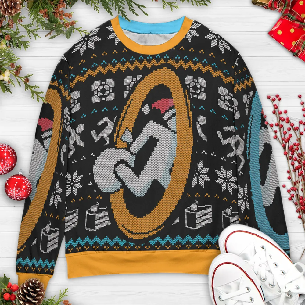 Portal guy Orange and Blue Ugly Christmas Sweatshirt - 3