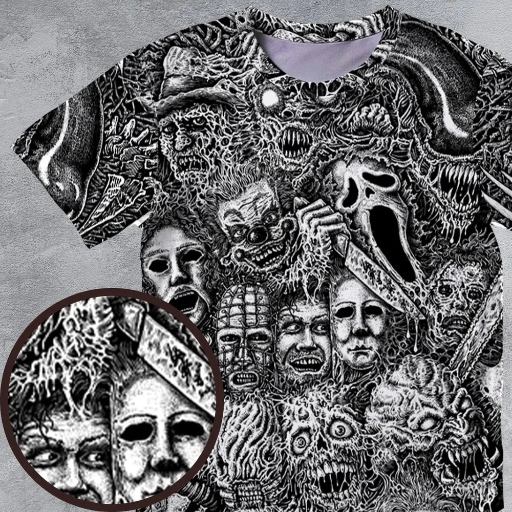 Horror Movie Assemblage Ghostface Xenomorph Pinhead Freddy Michael Myers All-Over Print Unisex T-Shirt - 4