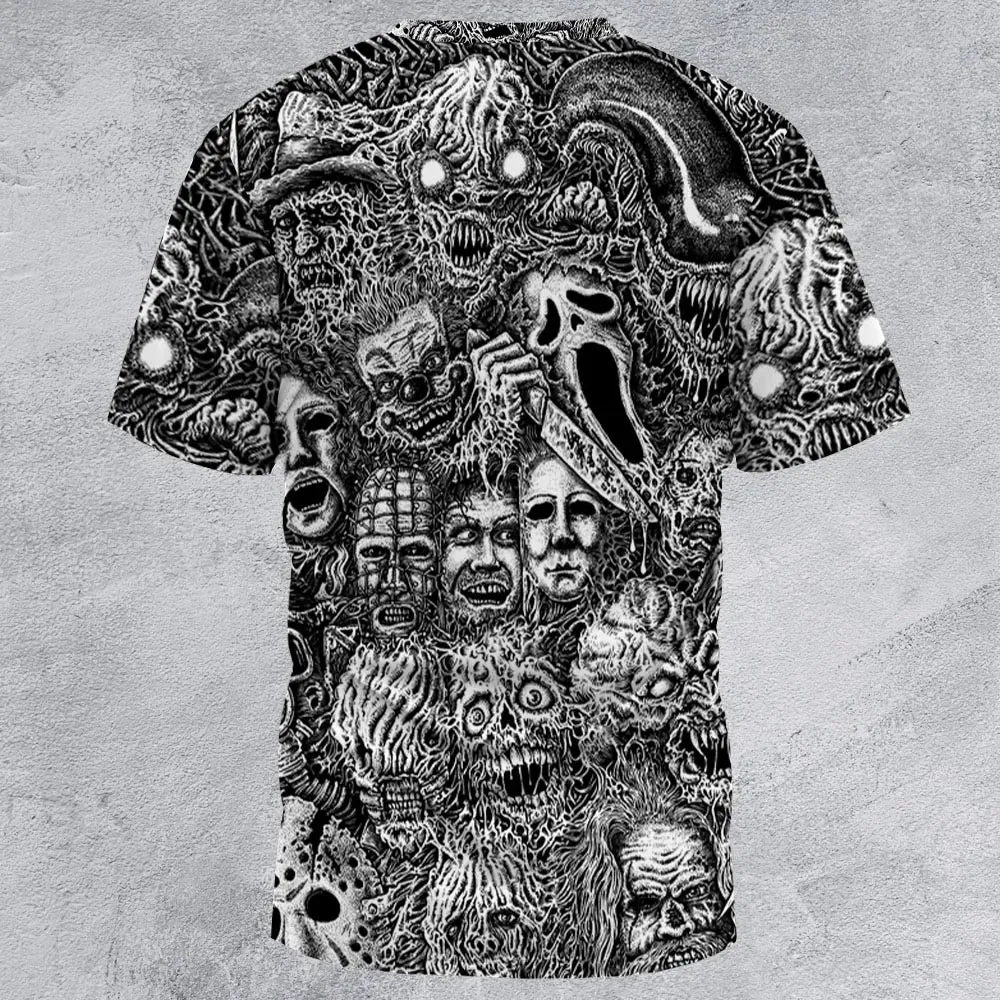 Horror Movie Assemblage Ghostface Xenomorph Pinhead Freddy Michael Myers All-Over Print Unisex T-Shirt - 2