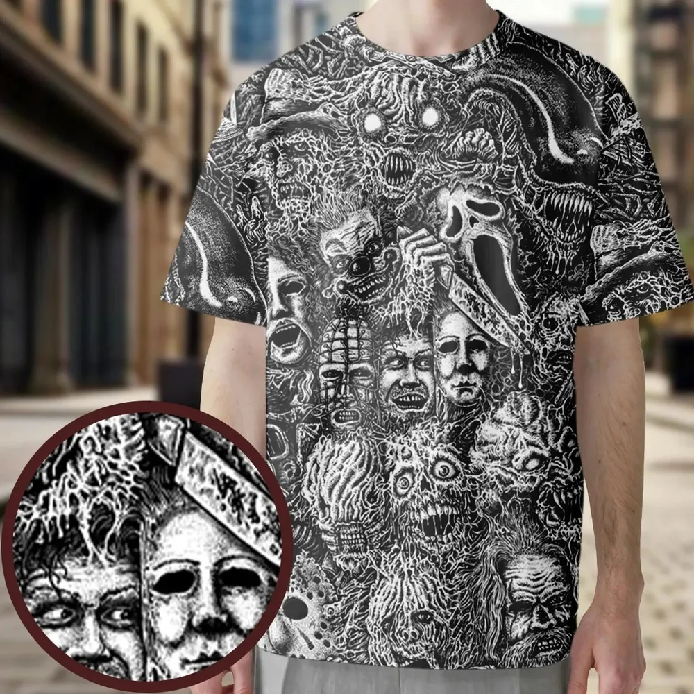 Horror Movie Assemblage Ghostface Xenomorph Pinhead Freddy Michael Myers All-Over Print Unisex T-Shirt - 3