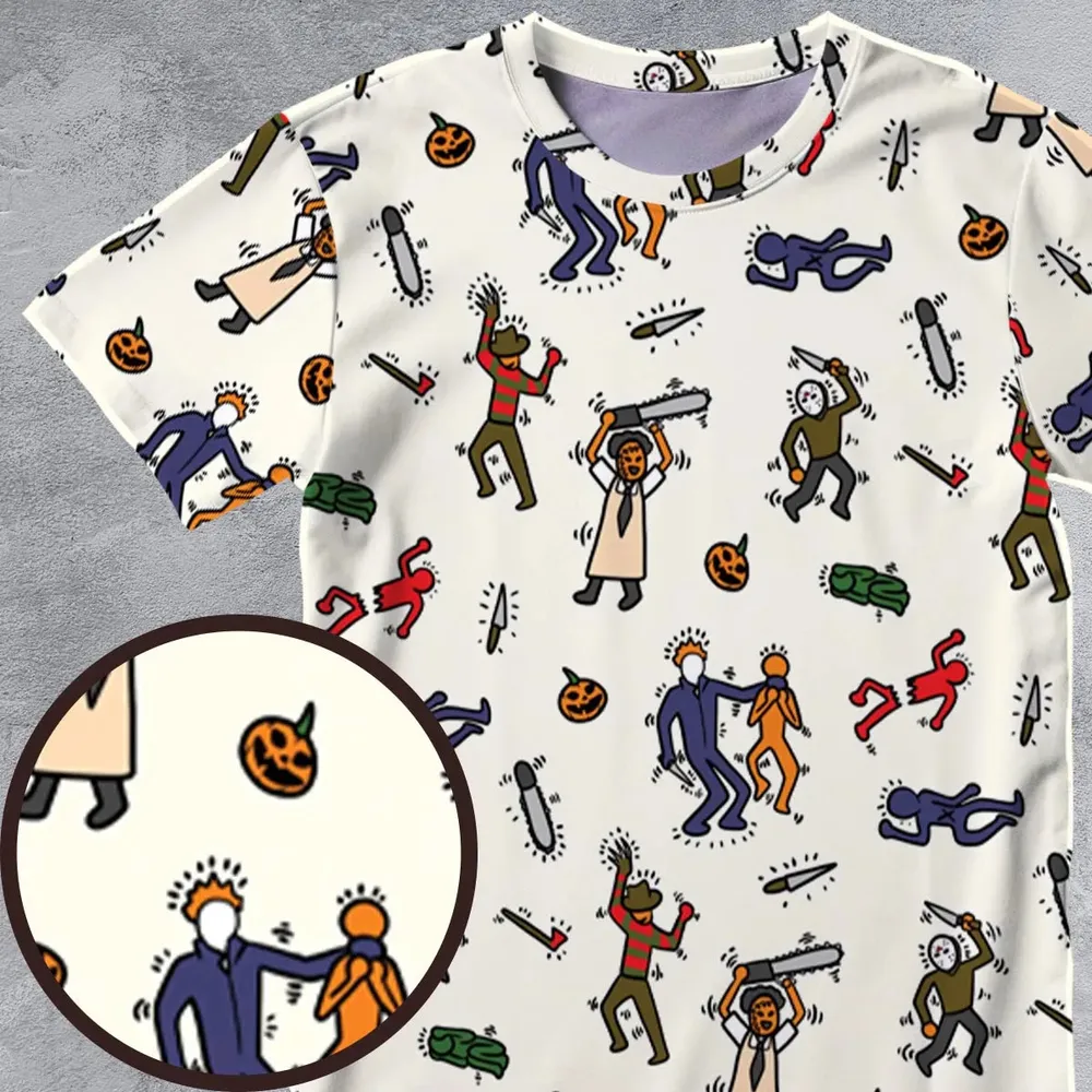 Horror Movie Pop Characters Pattern All-Over Print Unisex T-Shirt - 4