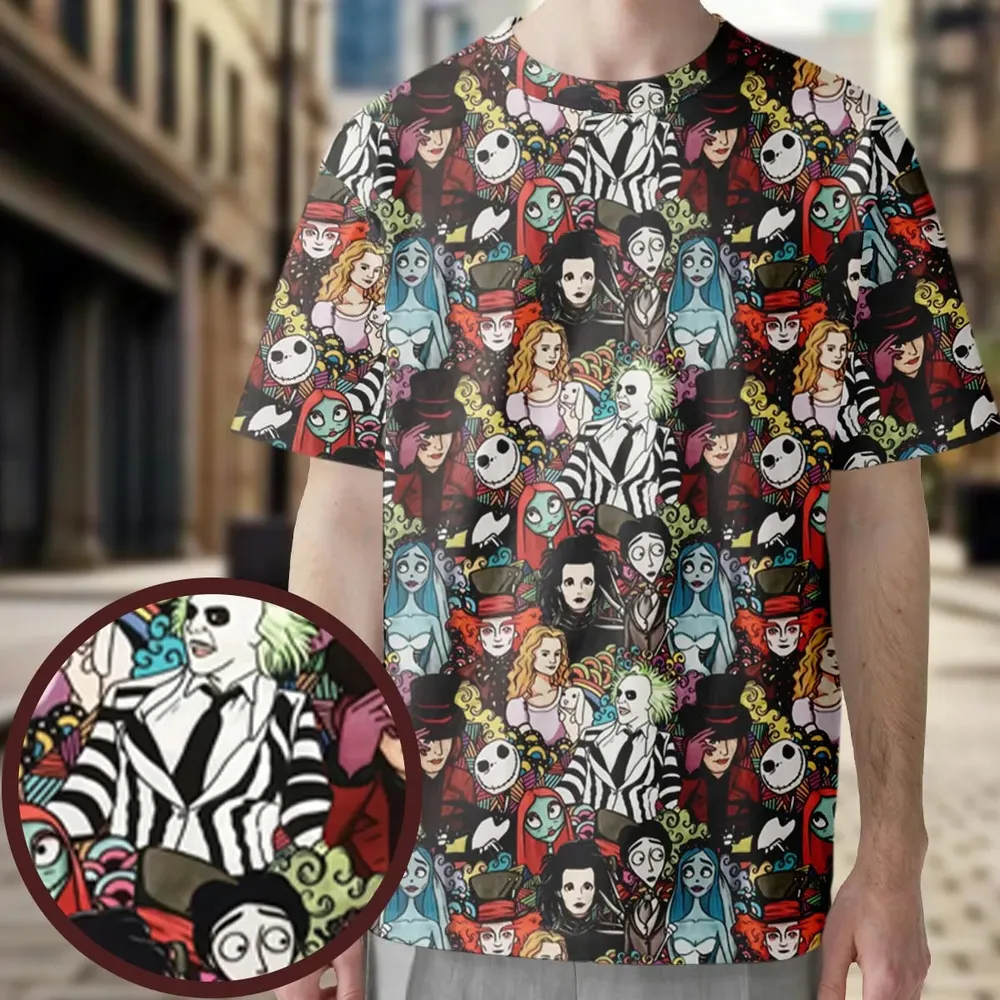 Tim Burton Characters Halloween All-Over Print Unisex T-Shirt - 3