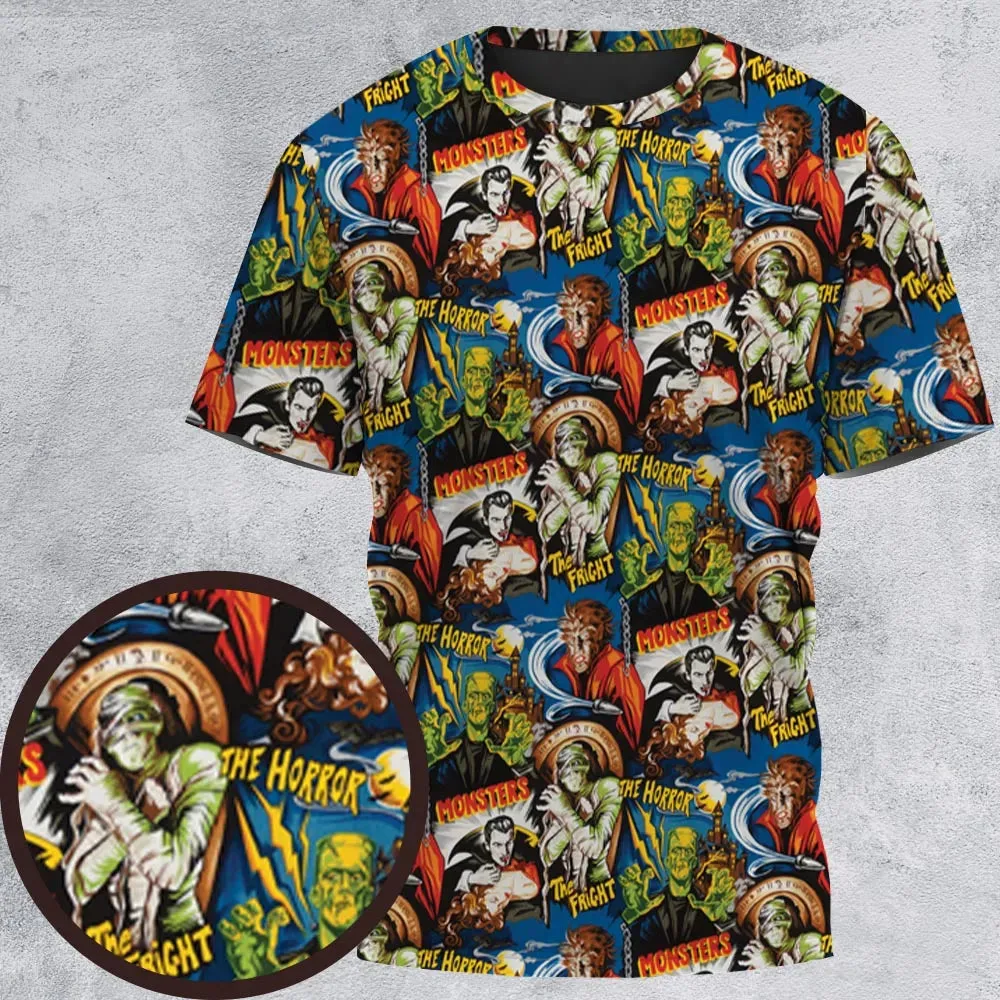 The Horror The Fright Dracula Frankenstein The Wolfman Monster Universal Pattern All-Over Print Unisex T-Shirt - 2