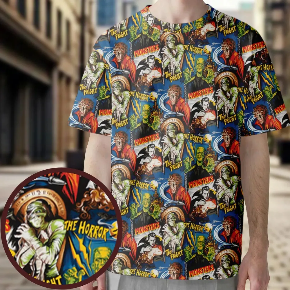 The Horror The Fright Dracula Frankenstein The Wolfman Monster Universal Pattern All-Over Print Unisex T-Shirt - 4