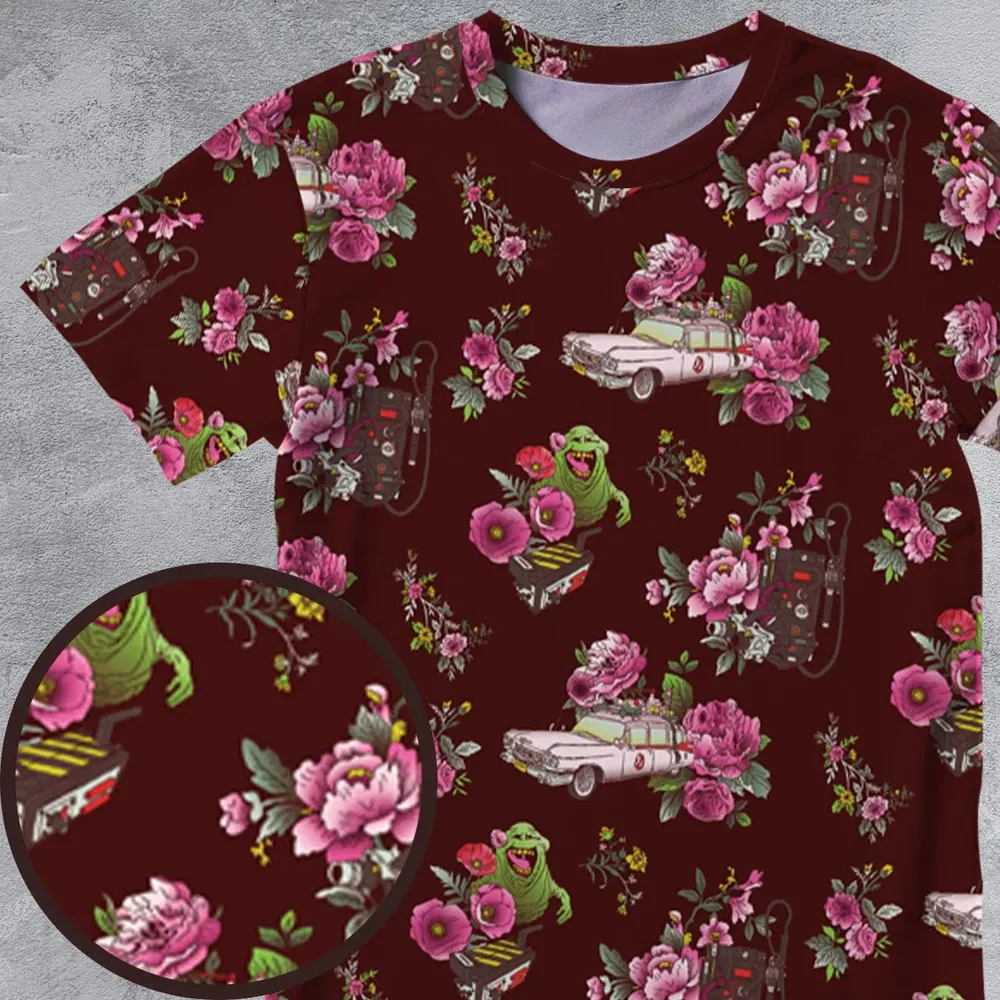 Slimer Ecto-1 Proton Pack Floral Ghostbusters All-Over Print Unisex T-Shirt - 4