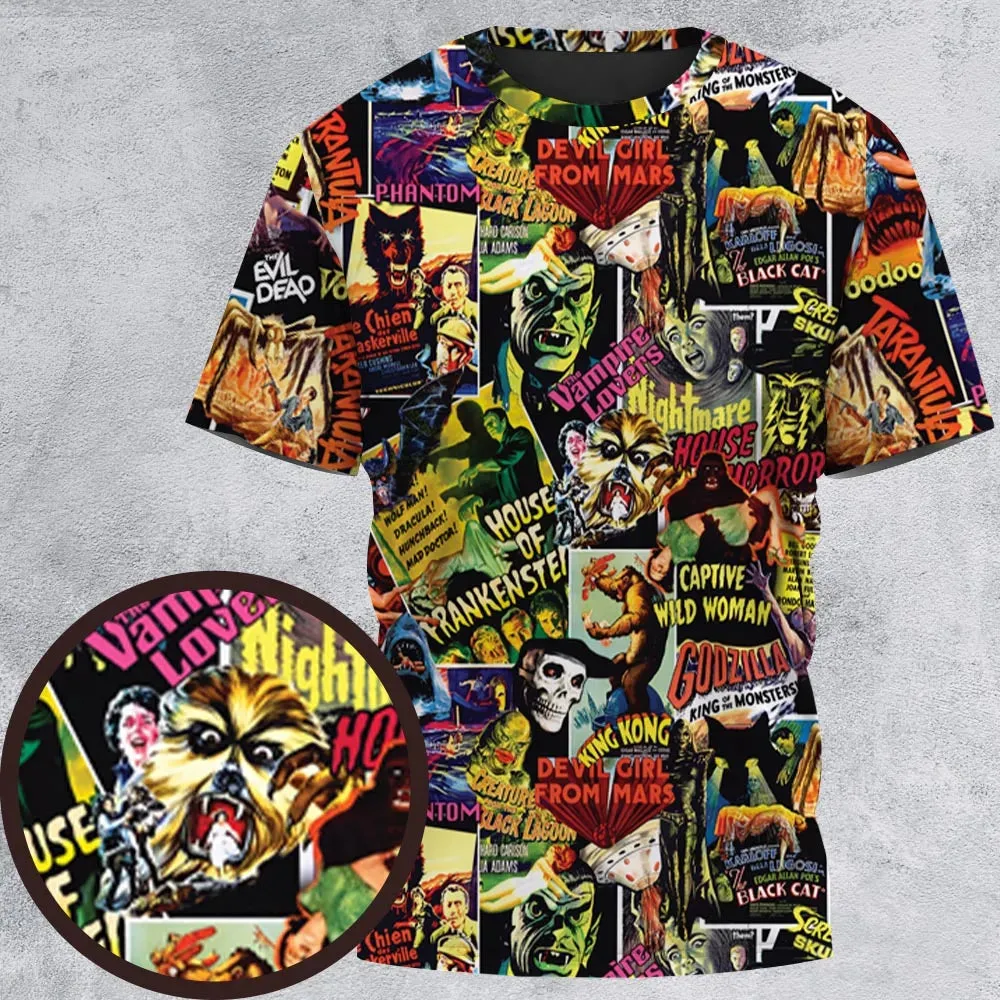 Fright Night Halloween Retro Horror Characters Collage All-Over Print Unisex T-Shirt - 2
