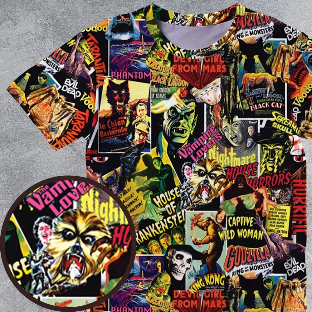 Fright Night Halloween Retro Horror Characters Collage All-Over Print Unisex T-Shirt - 4