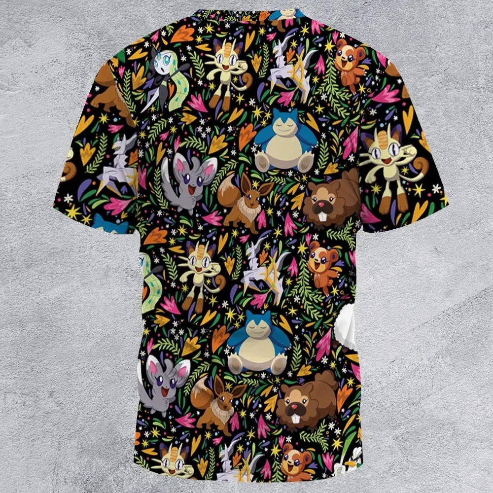 Floral Snorlax Bidoof Eevee Meloetta Pokemon All-Over Print Unisex T-Shirt - 3