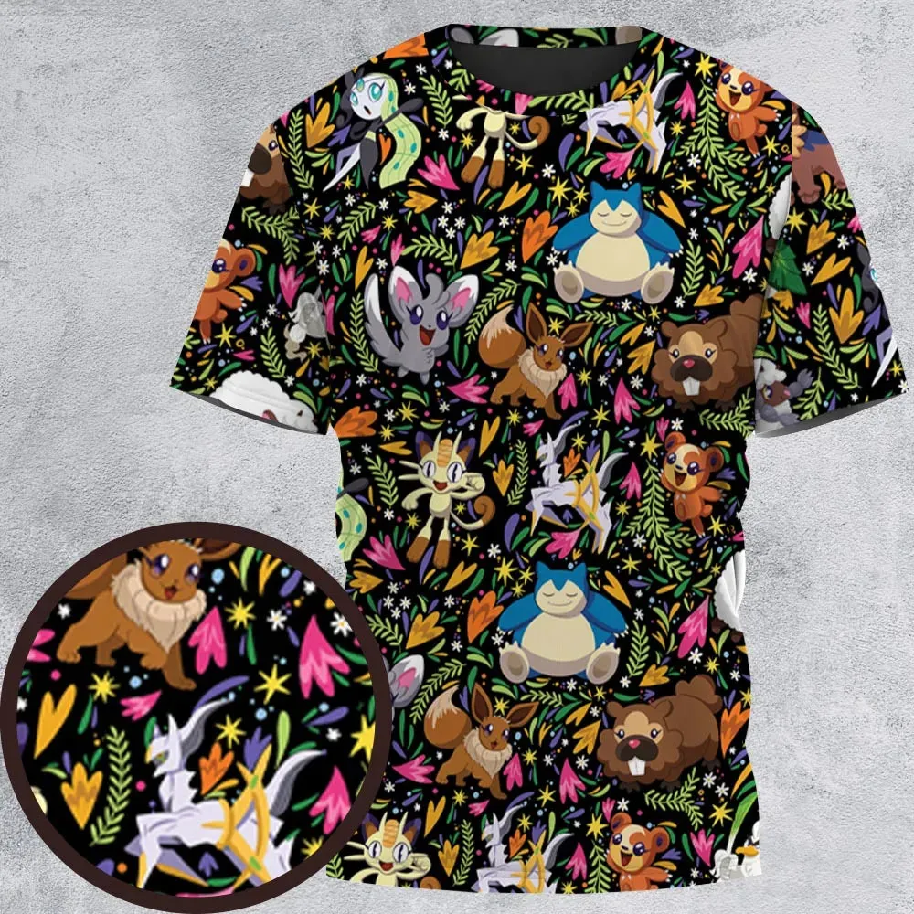 Floral Snorlax Bidoof Eevee Meloetta Pokemon All-Over Print Unisex T-Shirt - 2