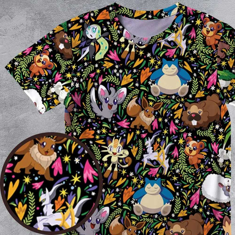 Floral Snorlax Bidoof Eevee Meloetta Pokemon All-Over Print Unisex T-Shirt - 4